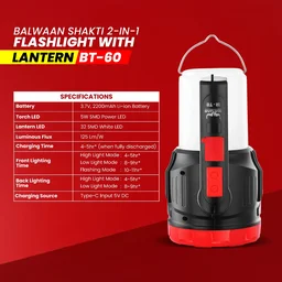 Balwaan Krishi Balwaan Shakti BT-60 2-in-1 Rechargeable Flashlight with Lantern | 5W SMD LED Torch with 2200mAh Battery | Portable LED Torch & Lantern with Shoulder Belt | USB Rechargeable Flashlight for Farming, Camping, Outdoor & Emergency Use | MTAK-BA-TO-7015