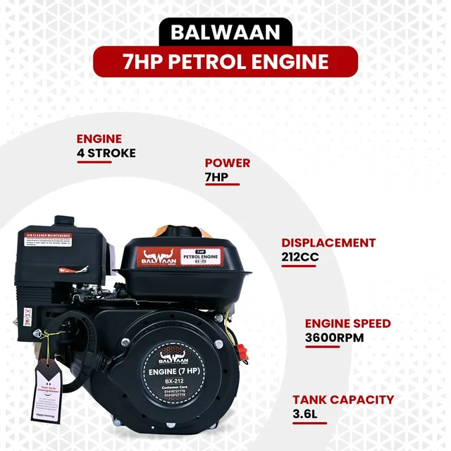 Balwaan Krishi Balwaan BX-212 6.5 Hp Petrol Engine | 212Cc 4-Stroke Air-Cooled Bare Engine | High-Performance Multi-Purpose Petrol Engine For Agricultural Machinery, Water Pumps & Farm Equipment | With User Manual | MTAK-EN-PO-6062