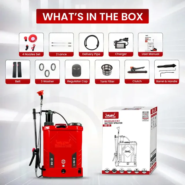 Balwaan Krishi Balwaan BS-21 2-in-1 Battery Sprayer 18 Litre with 12x8 2-in-1 Battery, 4 Nozzles, 1+1 Extendable Lance, Premium Shoulder Belt, Backrest Support & Delivery Pipe - MTAK-BA-SP-724