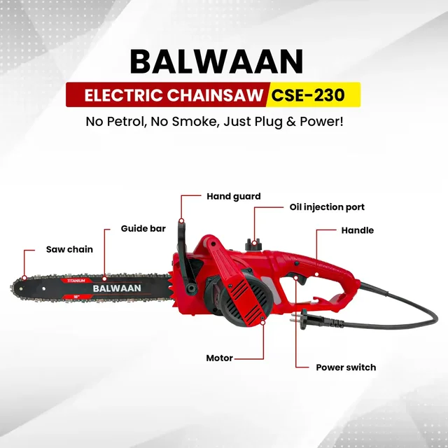Balwaan Krishi Balwaan CSE-230 16 Inch Electric Chainsaw 1800W Motor with 13.1 m/s Chain Speed, Double Safety Brake & User Manual - MTAK-EL-CH-7064