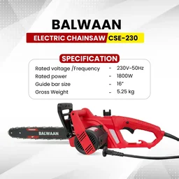 Balwaan Krishi Balwaan CSE-230 16 Inch Electric Chainsaw 1800W Motor with 13.1 m/s Chain Speed, Double Safety Brake & User Manual - MTAK-EL-CH-7064