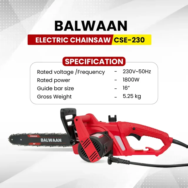 Balwaan Krishi Balwaan CSE-230 16 Inch Electric Chainsaw 1800W Motor with 13.1 m/s Chain Speed, Double Safety Brake & User Manual - MTAK-EL-CH-7064