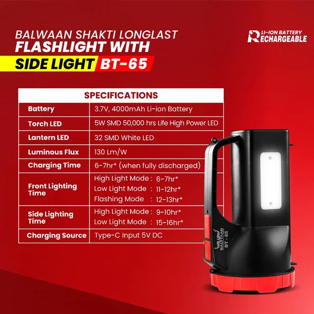 Balwaan Krishi Balwaan Shakti BT-65 Longlast Rechargeable Flashlight With Side Light. 5W SMD LED Torch With 4000mAh Battery. Long-Range LED Flashlight With Shoulder Belt. USB Rechargeable Torch For Farming, Outdoor & Emergency Use | MTAK-BA-TO-7014
