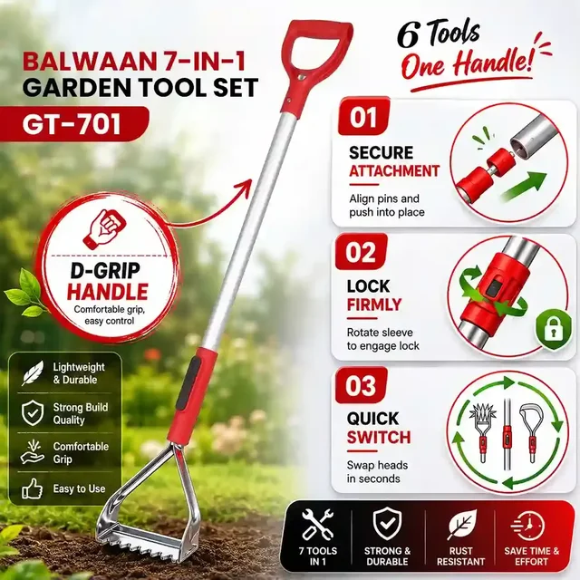 Balwaan Krishi Balwaan GT-701 Garden Tool 7-in-1 Set | 6 Attachments with D-Grip Handle | Multi-Purpose Manual Gardening & Agriculture Tool Kit | Cultivator, Rake, Weeder & Soil Working Tools| MTAK-MA-HA-7331