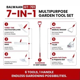 Balwaan Krishi Balwaan GT-701 Garden Tool 7-in-1 Set | 6 Attachments with D-Grip Handle | Multi-Purpose Manual Gardening & Agriculture Tool Kit | Cultivator, Rake, Weeder & Soil Working Tools| MTAK-MA-HA-7331
