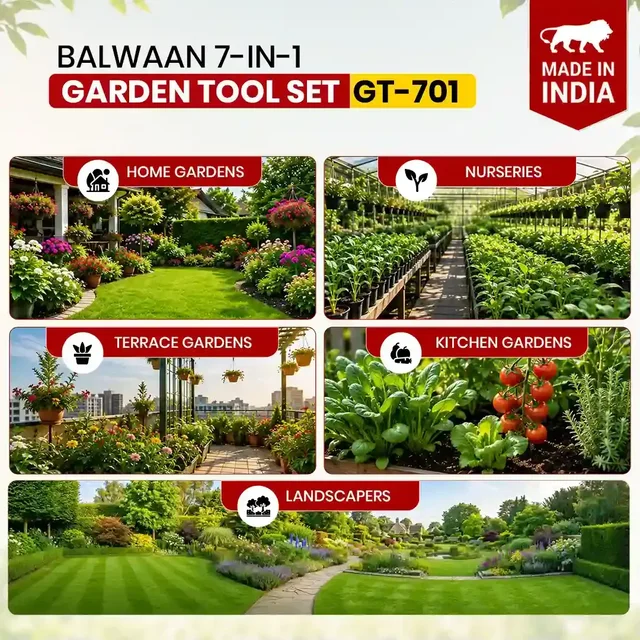 Balwaan Krishi Balwaan GT-701 Garden Tool 7-in-1 Set | 6 Attachments with D-Grip Handle | Multi-Purpose Manual Gardening & Agriculture Tool Kit | Cultivator, Rake, Weeder & Soil Working Tools| MTAK-MA-HA-7331