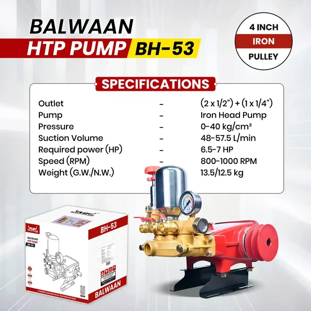 Balwaan Krishi Balwaan BH-53 HTP Pump 2 Mouth 1/2 + 1 Mouth 1/4 with 4 Inch Iron Pulley, Wire Overflow Hose, Suction Hose, Accessories Bag & User Manual - MTAK-SP-HT-7047