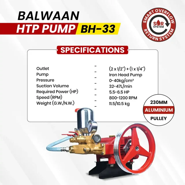 Balwaan Krishi Balwaan BH-33 HTP Pump 2 Mouth 1/2 + 1 Mouth 1/4 with 230mm Aluminium Pulley, Wire Overflow Hose, Suction Hose, Accessories Bag & User Manual - MTAK-SP-HT-7046