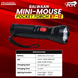 Balwaan Krishi Balwaan Shakti BT-12 Mini-Mouse Pocket Torch | 1W LED Rechargeable Flashlight with 1200mAh Battery & Side Light | Compact Portable LED Torch for Home, Farming, Camping & Emergency Use | MTAK-BA-TO-7017