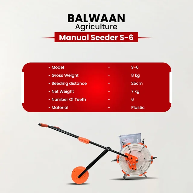 Balwaan Krishi Balwaan S-6 6-Tooth Hand Push Precision Manual Seeder with 8.5cm Adjustable Sowing Depth & 8-Size Roller Set - MTAK-MA-HA-6937