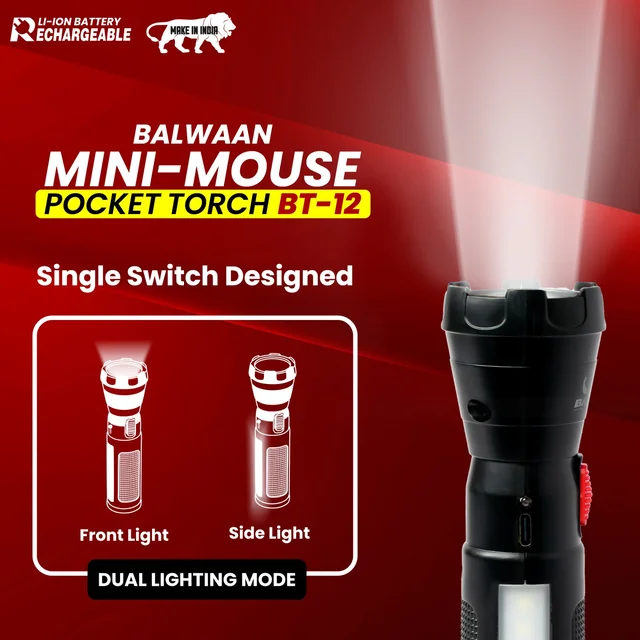 Balwaan Krishi Balwaan Shakti BT-12 Mini-Mouse Pocket Torch | 1W LED Rechargeable Flashlight with 1200mAh Battery & Side Light | Compact Portable LED Torch for Home, Farming, Camping & Emergency Use | MTAK-BA-TO-7017