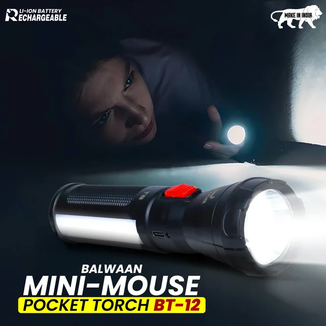 Balwaan Krishi Balwaan Shakti BT-12 Mini-Mouse Pocket Torch | 1W LED Rechargeable Flashlight with 1200mAh Battery & Side Light | Compact Portable LED Torch for Home, Farming, Camping & Emergency Use | MTAK-BA-TO-7017