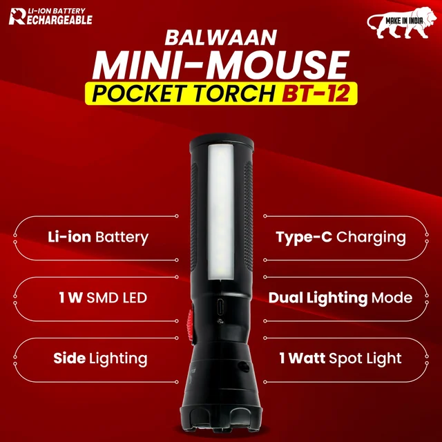 Balwaan Krishi Balwaan Shakti BT-12 Mini-Mouse Pocket Torch | 1W LED Rechargeable Flashlight with 1200mAh Battery & Side Light | Compact Portable LED Torch for Home, Farming, Camping & Emergency Use | MTAK-BA-TO-7017