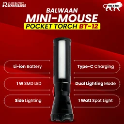 Balwaan Krishi Balwaan Shakti BT-12 Mini-Mouse Pocket Torch | 1W LED Rechargeable Flashlight with 1200mAh Battery & Side Light | Compact Portable LED Torch for Home, Farming, Camping & Emergency Use | MTAK-BA-TO-7017