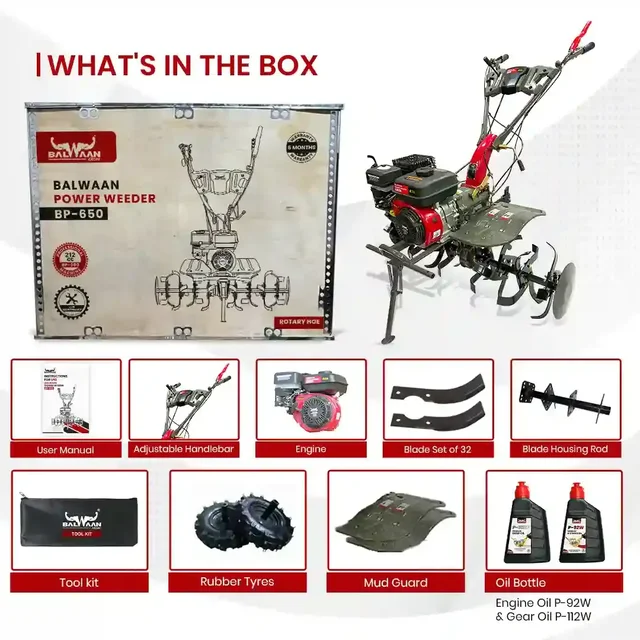 Balwaan Krishi Balwaan BP-650 7HP 4-Stroke Petrol Power Weeder & Cultivator | Tiller with 32 Blades, Disc & Tool Kit| MTAK-EN-PO-5442
