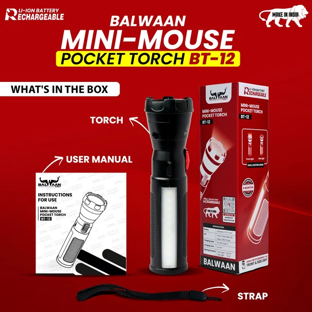 Balwaan Krishi Balwaan Shakti BT-12 Mini-Mouse Pocket Torch | 1W LED Rechargeable Flashlight with 1200mAh Battery & Side Light | Compact Portable LED Torch for Home, Farming, Camping & Emergency Use | MTAK-BA-TO-7017