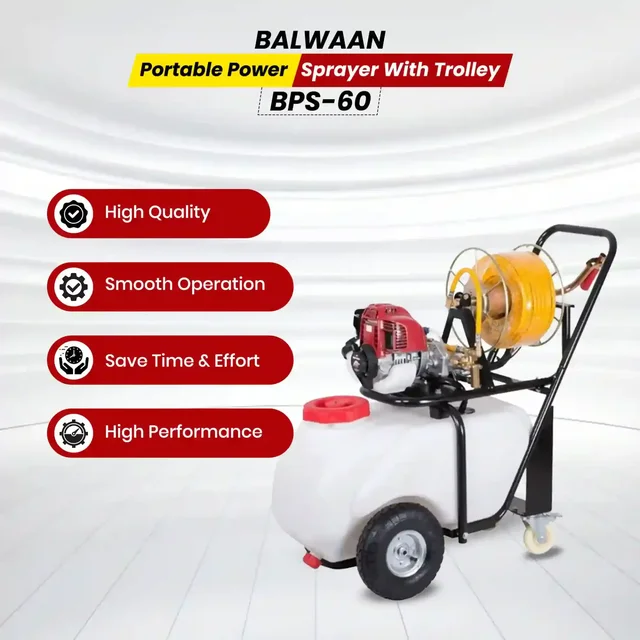 Balwaan Krishi Balwaan BPS-60 Portable Power Sprayer with Trolley 35cc 4 Stroke Petrol Engine, 30m Hose Pipe, 35cm & 60cm Straight Brass Guns and Wheels - MTAK-EN-SP-7068
