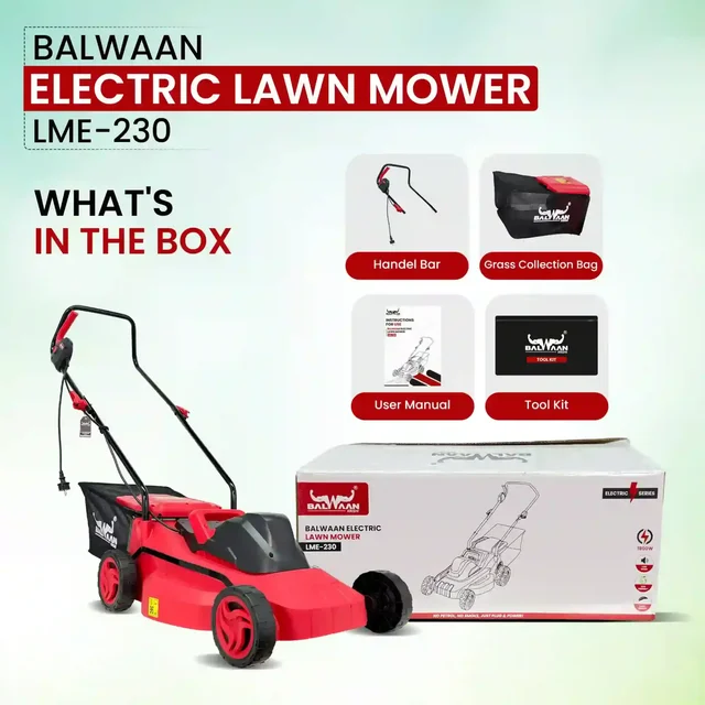 Balwaan Krishi Balwaan LME-230 Electric Lawn Mower 1800W Motor, 16 Inch Cutting Width with Adjustable 25-75mm Height, High Carbon Steel Blade, Grass Catcher & Foldable Handle - MTAK-EL-LA-7060