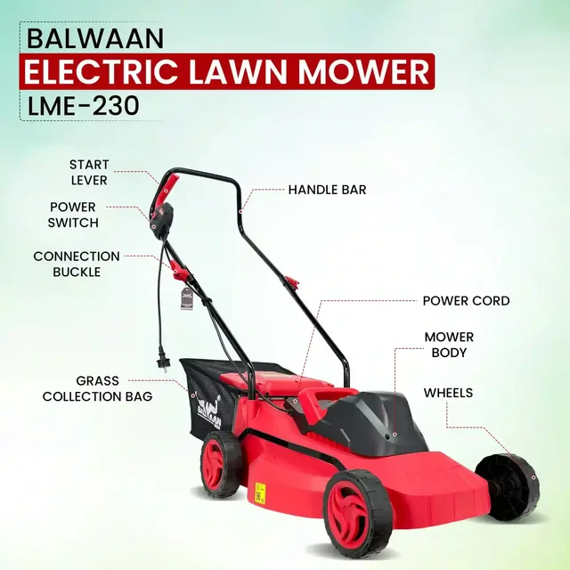 Balwaan Krishi Balwaan LME-230 Electric Lawn Mower 1800W Motor, 16 Inch Cutting Width with Adjustable 25-75mm Height, High Carbon Steel Blade, Grass Catcher & Foldable Handle - MTAK-EL-LA-7060