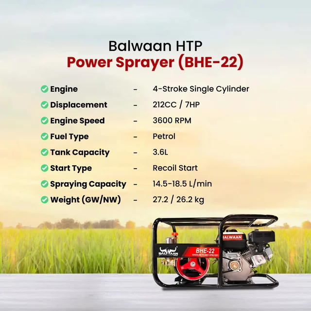 Balwaan Krishi Balwaan BHE-22 HTP Pump with BX-212 212cc 4 Stroke Petrol Engine, Powerful Agricultural Sprayer Pump with Tool Kit , Gun & Hose Pipe Not Included - MTAK-EN-PO-5396
