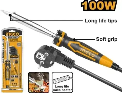 INGCO SI00108 100W Electric Soldering Iron | 3-5 Min Preheat | Straight Tip Head | Long-Life Replaceable Tip | Support Stand