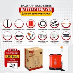 Balwaan Krishi Balwaan BS-30GL Gold Series Lithium Ion Battery Sprayer 12x12 Heavy Battery with 4 Nozzles, Extendable Lance, Spray Gun, 3-Way Lance, LED Bulb & Digital Voltmeter - MTAK-BA-SP-5590