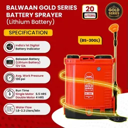 Balwaan Krishi Balwaan BS-30GL Gold Series Lithium Ion Battery Sprayer 12x12 Heavy Battery with 4 Nozzles, Extendable Lance, Spray Gun, 3-Way Lance, LED Bulb & Digital Voltmeter - MTAK-BA-SP-5590