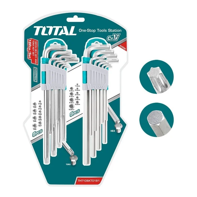 Total Tools TOTAL TOOLS 18-Piece Extra-Long Arm Hex Key (1.5-10mm) and Torx Key (T10-T50) Set with Heat-Treated Chrome-Plated Cr-V - THT106KT0181