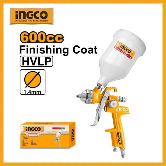 INGCO ASG1061 Air Spray Paint Gun | 1.4mm Nozzle | 600cc Paint Capacity | 180-250mm Spray Pattern | 2-3.5 Bar Operating Pressure | 119-200L/min Air Consumption