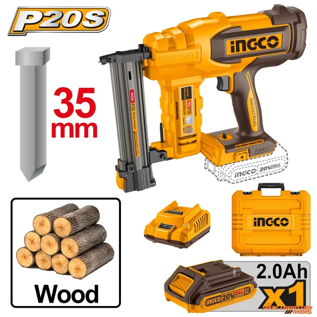 INGCO CBNLI2008 20V Cordless Brad Nailer | F15-F35 Nail Gun | 2 Nails/s Drive Rate | 105-Piece Magazine | 1000 Brad Nails | 2.0Ah Battery & Charger