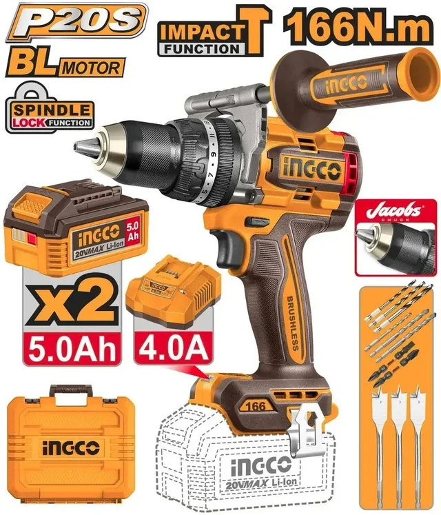 INGCO CIDLI201668 20V Brushless Cordless Impact Drill Driver | 166Nm Max Torque | 31,500 BPM | 2-Speed 0-550/0-2100 RPM | 13mm Jacobs Metal Chuck | LED Battery Power Indicator