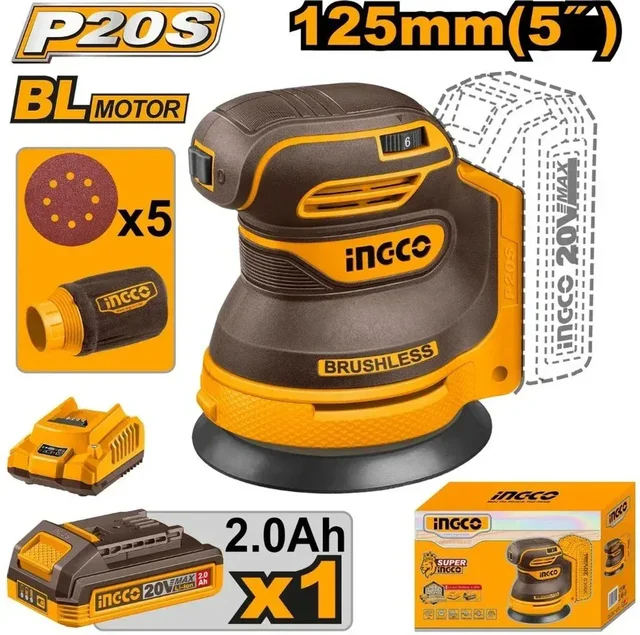 INGCO CROSLI20021 20V Brushless Random Orbital Sander | 125mm | Battery & Charger