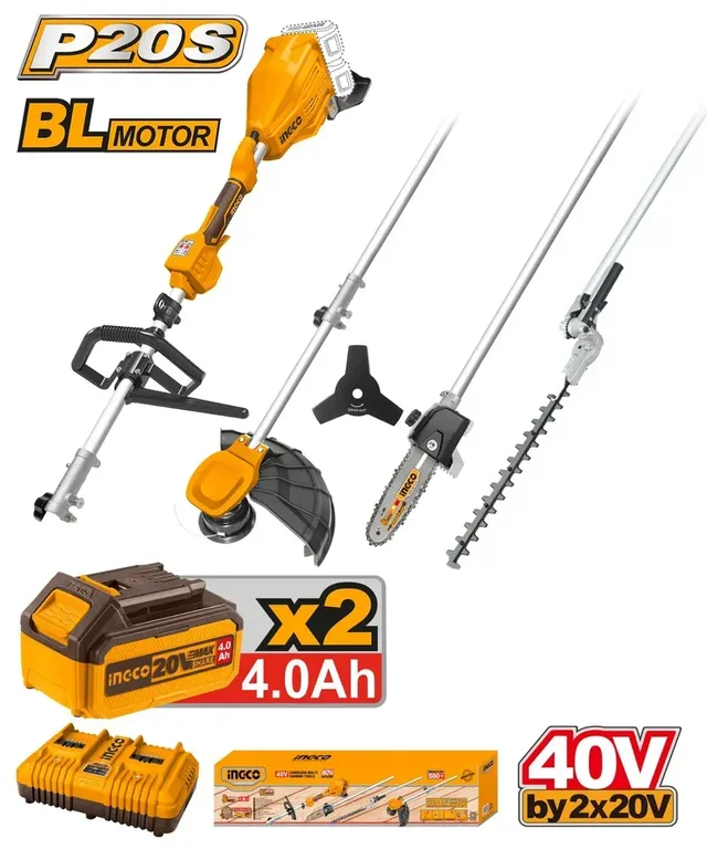 INGCO CSTLI2040386 40V Cordless Multi-Function Garden Tool | 4-in-1 Grass Trimmer, Brush Cutter, Pole Hedge Trimmer & Pole Saw | 380mm Trimmer | 255mm Blade | 2.4mm Line