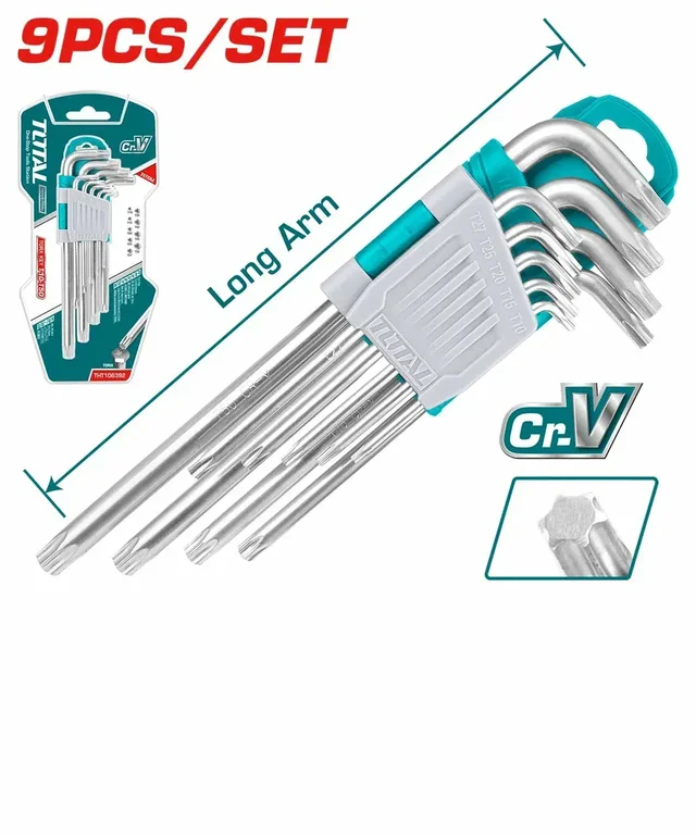 Total Tools P TOTAL TOOLS 9Pcs Long Arm Torx Key Wrench Set (T10�T50), Heat-Treated Cr-V Steel with Chrome Plating - THT106392