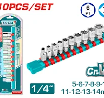Total Tools TOTAL TOOLS 10-Piece 1/4" Socket Set with 50BV30 Cr-V Steel, Mirror Polish Finish, Storage Rail, and 5-14mm Sockets - THT1411023