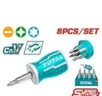 Total Tools TOTAL TOOLS 8-in-1 Stubby Screwdriver Set, Cr-V Handle with 7 Pcs 1/4 x 25mm Screwdriver Bits, SL5, SL6, PH0, PH1, PH2, T10 & T20, Display Color Box - TACSDS0706