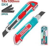 Total Tools TOTAL TOOLS Snap-Off Blade Knife 18mm x 100mm, 167mm Length, 3 Pcs SK4 Blades Included, Flat Push Button, Replacement Blades THT519112 - THT522136