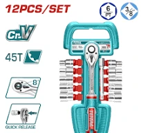 Total Tools TOTAL TOOLS 12-Piece 3/8" Socket Set (10 Sockets: 8-19mm, 72T Quick Release Ratchet Handle, 6" / 150mm Extension Bar) in Heat-Treated Cr-V 50BV30 Steel with Chrome-Plated Finish and Plastic Hanger - THT381121