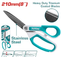 Total Tools TOTAL TOOLS 210mm (8") Rubber Grip Long-Blade Scissors with Titanium-Plated Stainless Steel Blade and Unique Design Handle - THSCRS812108
