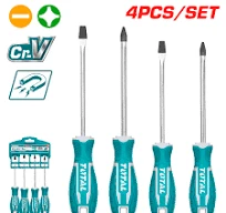 Total Tools TOTAL TOOLS 4-Piece Screwdriver Set (SL5.5-6.5, PH1-2), Cr-V Steel Round Blade, Ergonomic Handle Hand Tool Set - THT250604