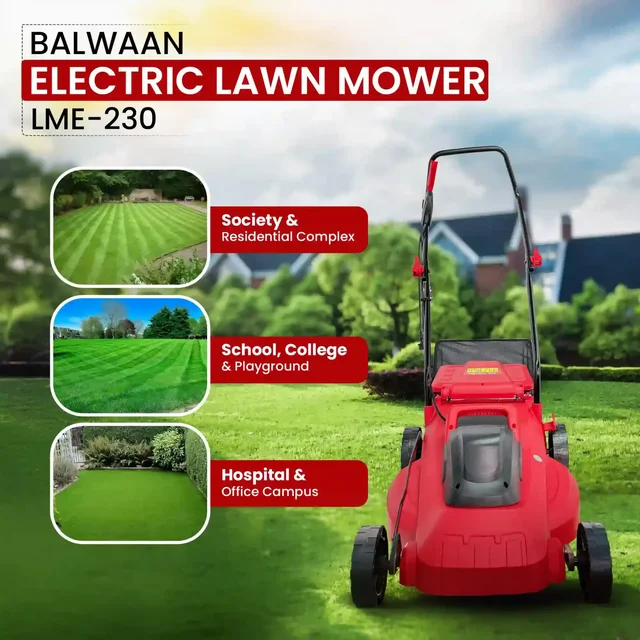 Balwaan Krishi Balwaan LME-230 Electric Lawn Mower 1800W Motor, 16 Inch Cutting Width with Adjustable 25-75mm Height, High Carbon Steel Blade, Grass Catcher & Foldable Handle - MTAK-EL-LA-7060