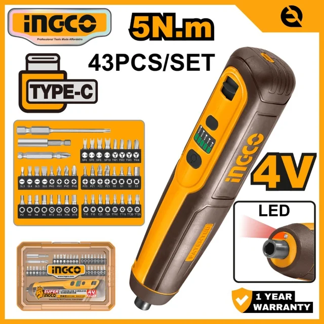 INGCO CSDLI04062 4V Cordless Screwdriver | 240 RPM | 5Nm Max Torque | 1/4" Hex Shank | LED Work Light | Charge Level Indicator | 42 Cr-V Bits