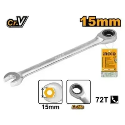 INGCO HCSPAR151 15mm Ratchet Spanner | 72T | 200mm | Cr-V Steel | Chrome Plated Matt Finish