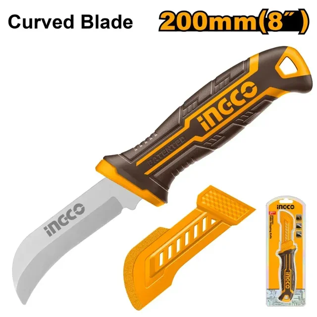 INGCO INGCO HPK82001 200mm Cable Stripping Knife | Curved Stainless Steel Blade | Protective Cover | Cable & Wire Stripper