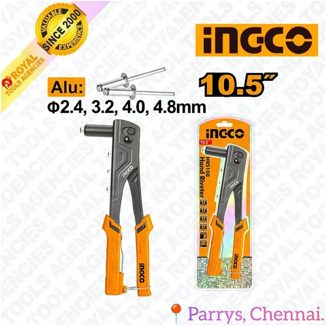 INGCO HRS108 10.5 Inch Hand Riveter | Aluminum Rivet Gun | 2.4-4.8mm Rivet Capacity | Manual Riveter