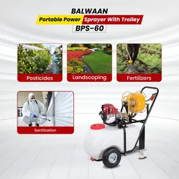 Balwaan Krishi Balwaan BPS-60 Portable Power Sprayer with Trolley 35cc 4 Stroke Petrol Engine, 30m Hose Pipe, 35cm & 60cm Straight Brass Guns and Wheels - MTAK-EN-SP-7068