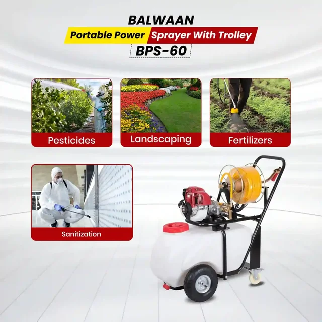 Balwaan Krishi Balwaan BPS-60 Portable Power Sprayer with Trolley 35cc 4 Stroke Petrol Engine, 30m Hose Pipe, 35cm & 60cm Straight Brass Guns and Wheels - MTAK-EN-SP-7068
