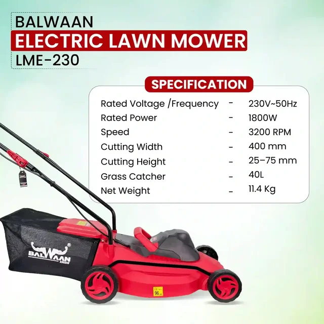 Balwaan Krishi Balwaan LME-230 Electric Lawn Mower 1800W, 16 Inch Cutting Width, Adjustable 25-75mm Cutting Height, High Carbon Steel Blade, Grass Catcher & Foldable Handle - MTAK-EL-LA-7060