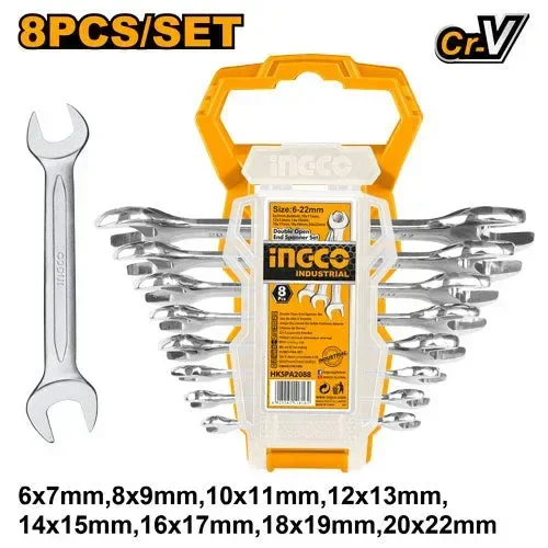 INGCO HKSPA2088 8-Piece Double Open End Spanner Set | 6-22mm | Fine Polished | Metric Wrench Set