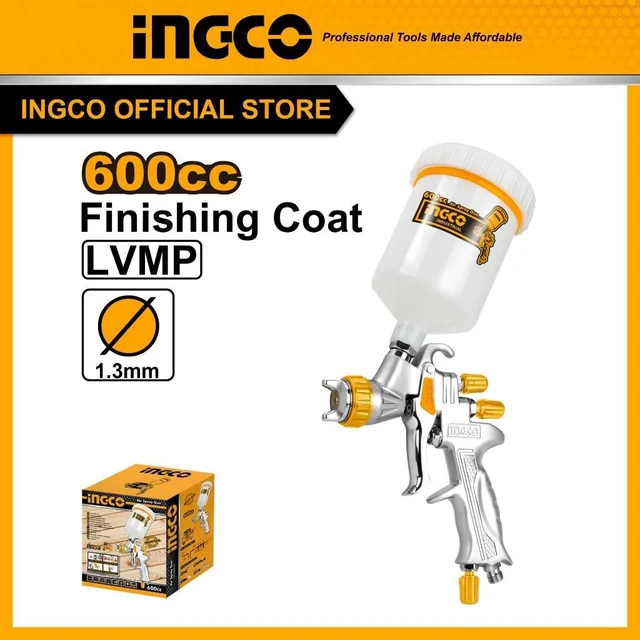 INGCO ASG1065 Air Spray Paint Gun | 1.3mm Nozzle | 600cc Paint Capacity | 180-260mm Spray Pattern | 2.0 Bar Pressure | Professional Car Spray Gun